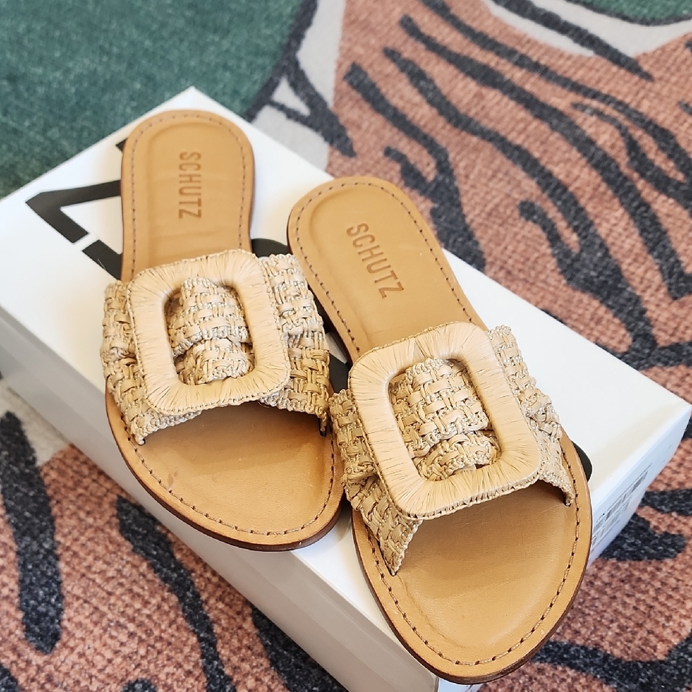 SCHUTZ Tan Slide Sandals with Woven Strap